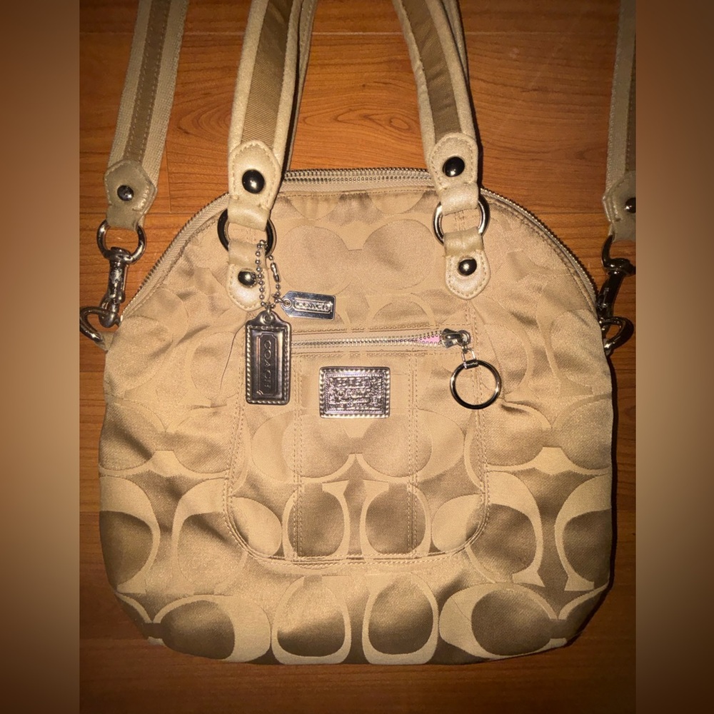 Coach Beige Signature Canvas Shoulder Bag with Silver Hardware